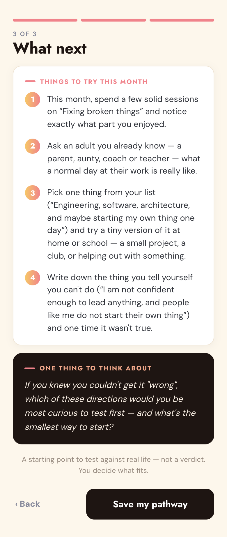 The last page of a Nura pathway, with things to try this month